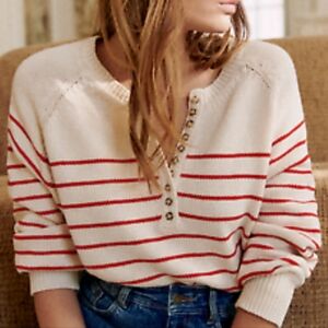 Sezane Red and Cream V-Neck Sweater